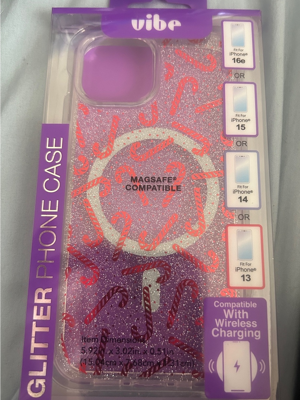 Vibe Purple Glitter MagSafe Phone Case with Red Candy Cane Design